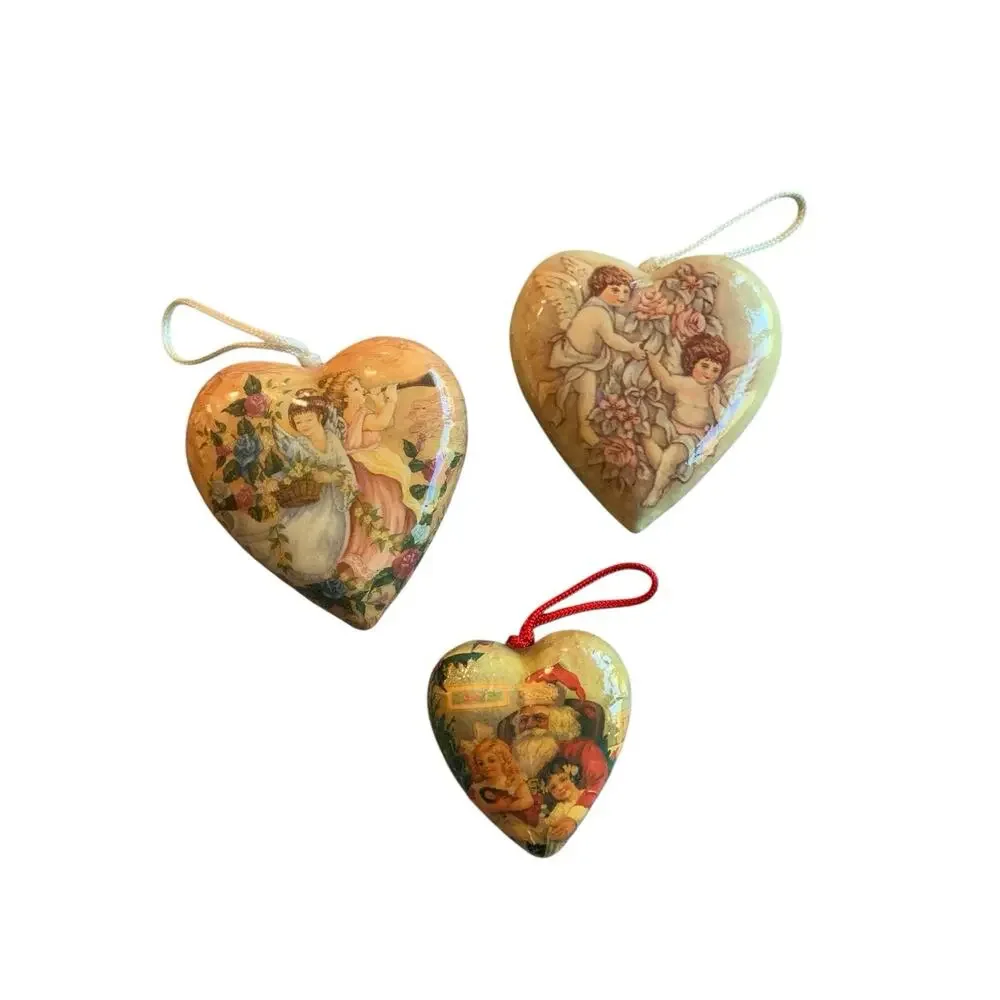 Vintage Paper Mache Heart Christmas‎ Ornaments Decoupage 1970’s Victorian Rose